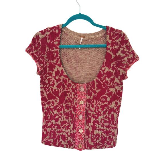 Free People Burnout Rabbit Knit Button Up Cropped Cardigan Medium Red Boho Fairy - Picture 2 of 6